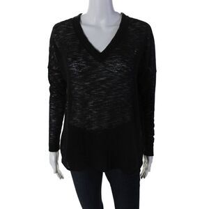 Sjobeck Womens V-neck Lined Ribbed Basic Sheer Casual Black Top Black Size XS